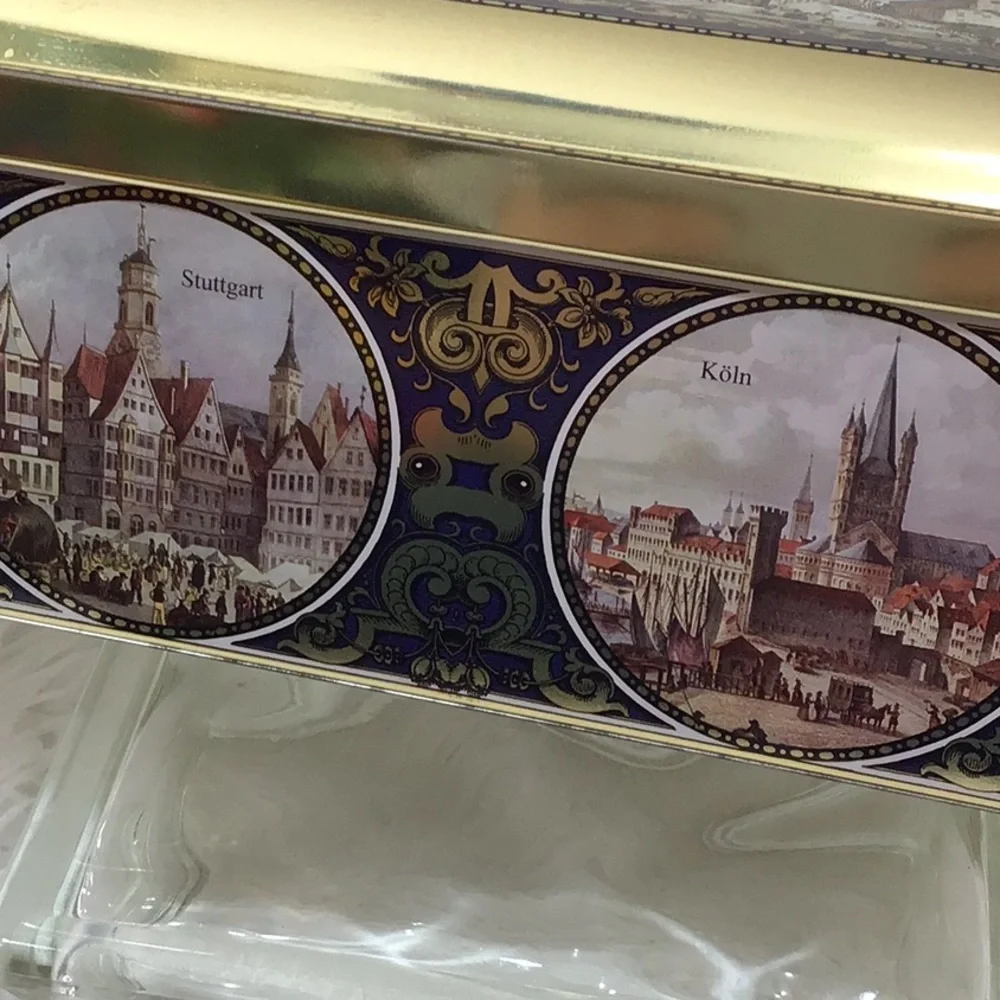 Lambertz vintage metal hinged castle cookie tin